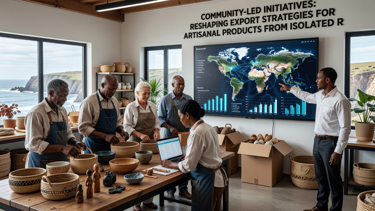 Artisans reviewing digital order confirmations on a shared tablet inside a communal workspace in an isolated settlement