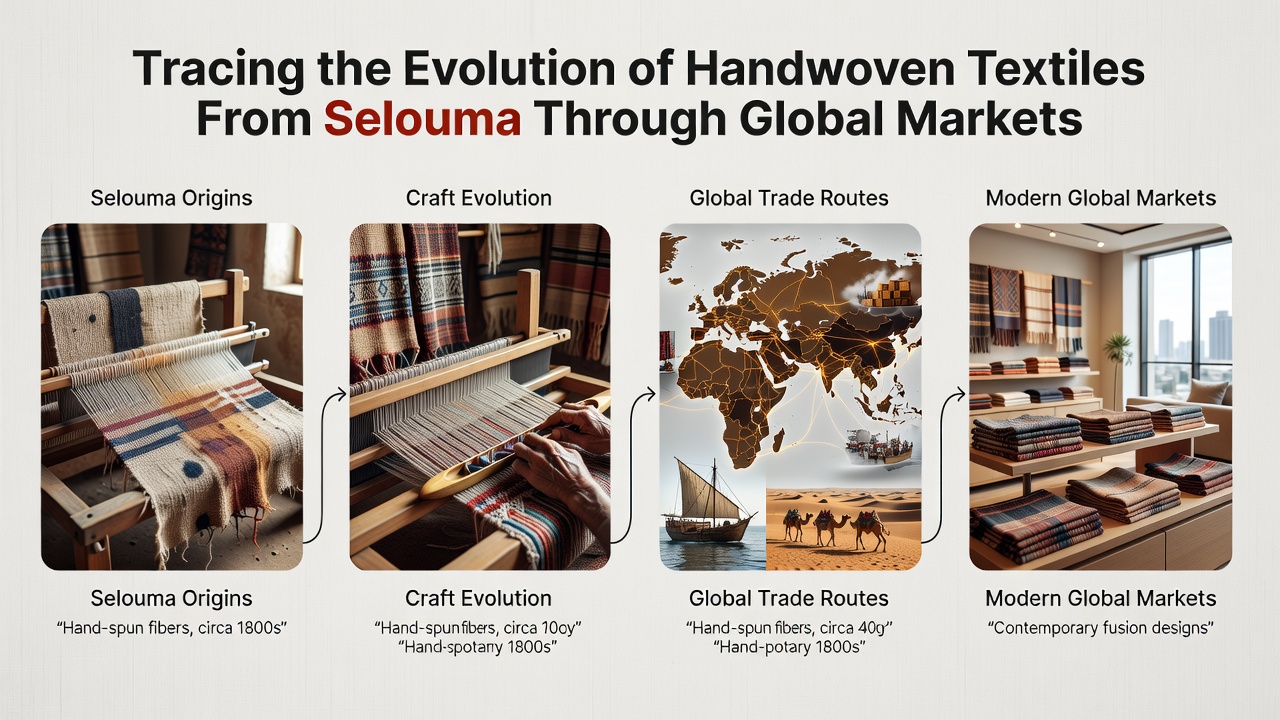Modern global market display featuring Selouma handwoven textiles integrated into contemporary fashion and home decor